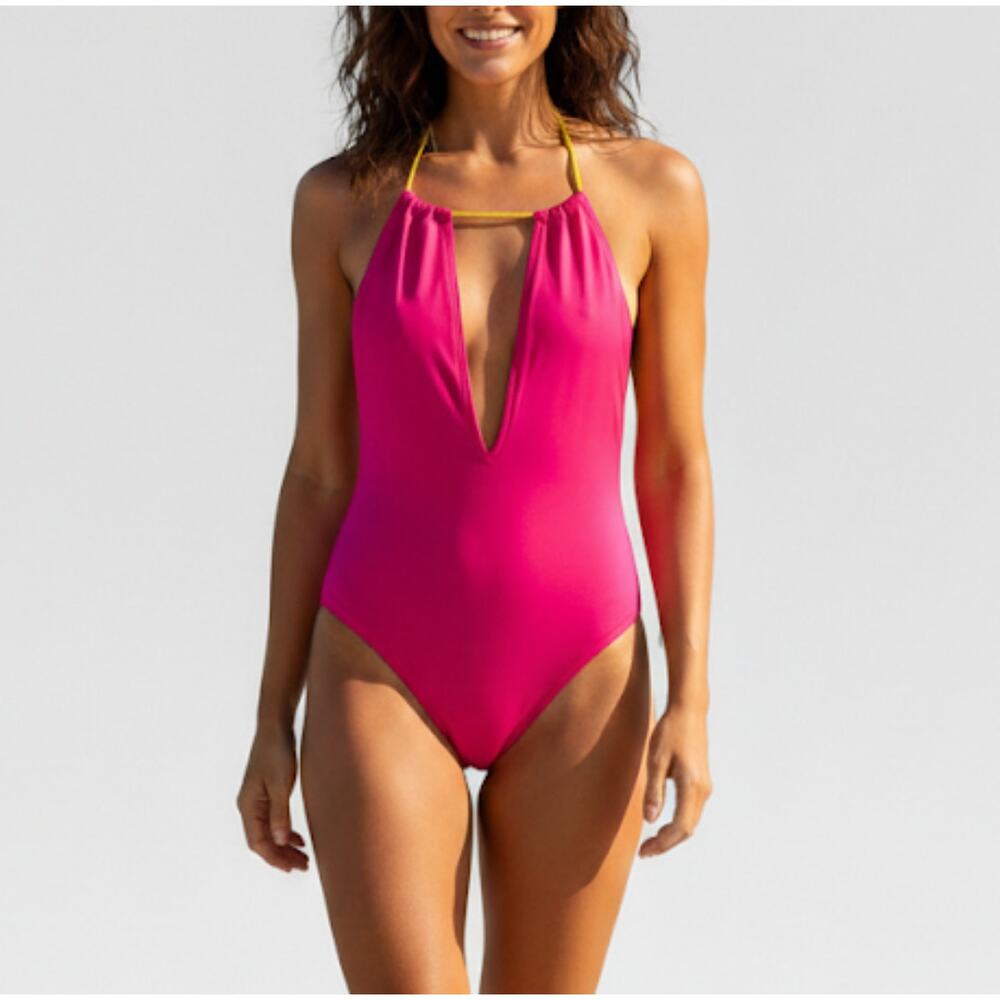 NWT Eres Swimsuit Halter Neck One-Piece Marcella Pink Fuscia Yellow Cutout US 10